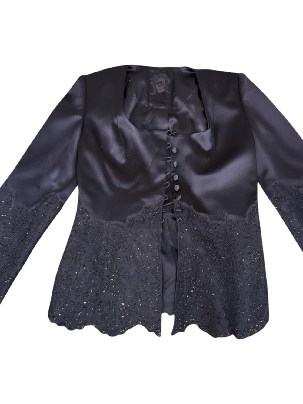 Zang Toi Black Satin Blazer with Beaded Lace Trim